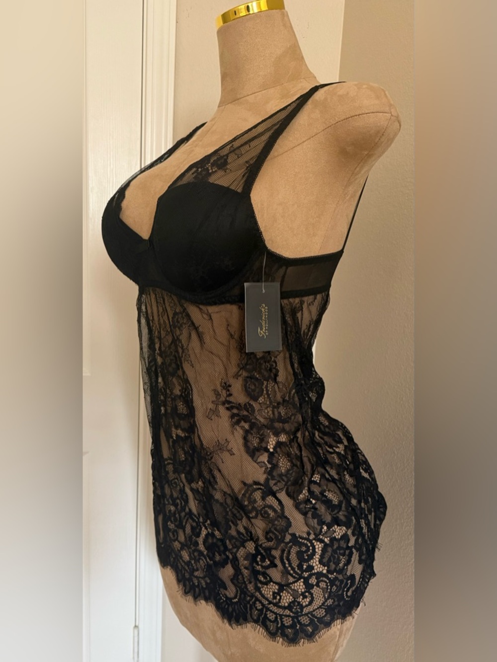 Frederick's of Hollywood Black Lace Sheer Babydoll Chemise
